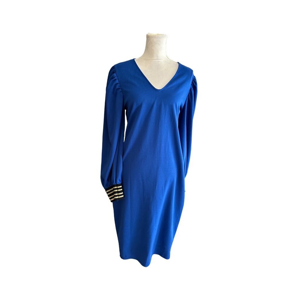 Womens Blue Long Sleeve Dress With V-Neck & Striped Cuffs Bodycon Fall Office